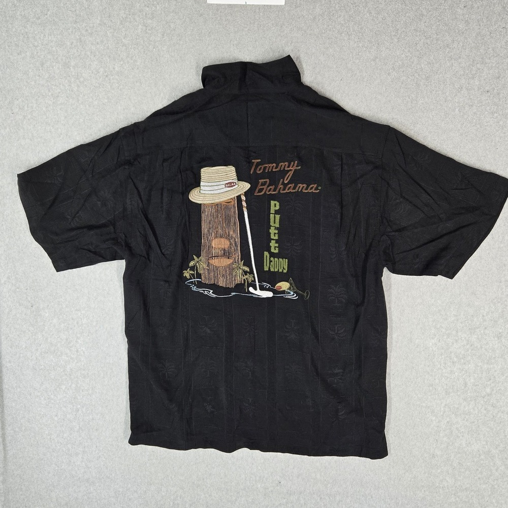 Tommy Bahama Men Button Up Shirt L Black Rayon Silk Embroidered Putt Daddy Tikki